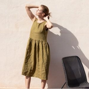 notPERFECTLINEN maxi smock loose linen dress olive